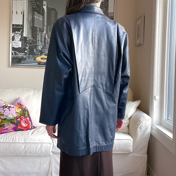 Leather navy blue blazer jacket - Picture 5 of 16